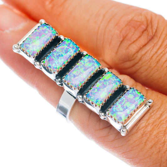 Sterling silver opal gemstone bar ring with five faceted rainbow stones