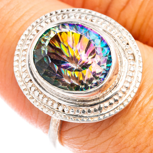 Sterling silver Mystic Topaz ring with round rainbow faceted center stone