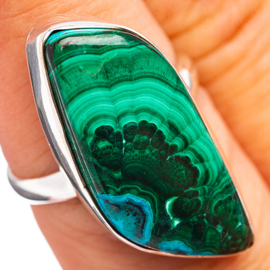 Sterling silver malachite chrysocolla ring with oval green cabochon and blue-green veins