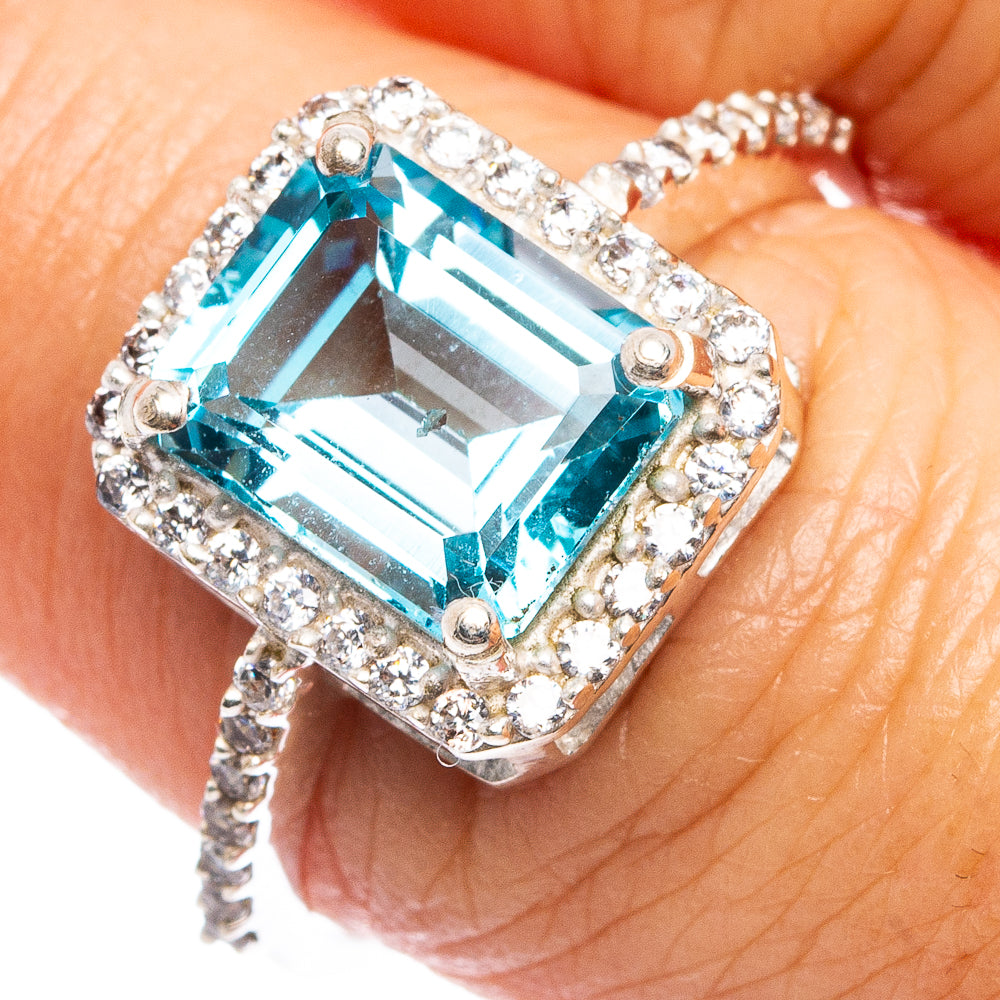 Faceted Blue Topaz, Cubic Zirconia Ring Size 8.75 (.925 Sterling Silver)
