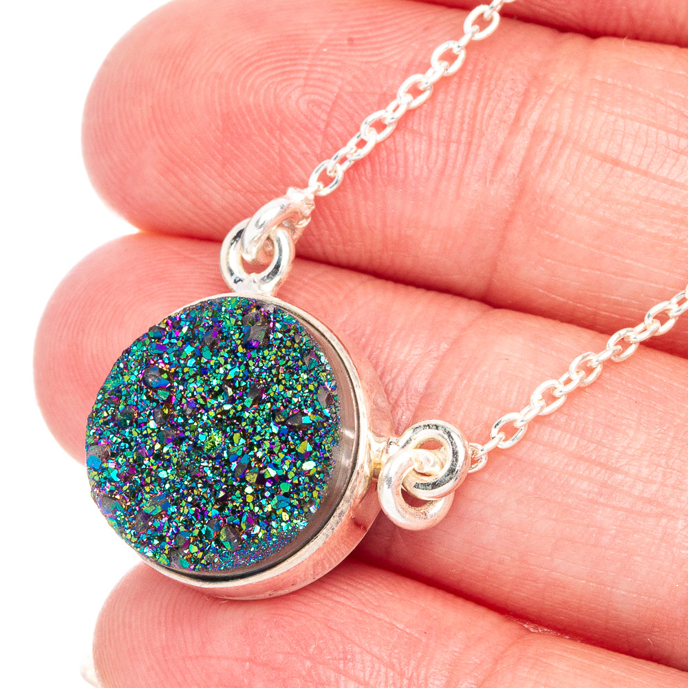 Round druzy pendant silver necklace, multicolor glitter on a silver chain