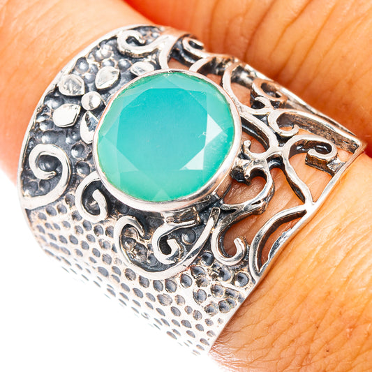 Aqua chalcedony and .925 sterling silver ring with ornate filigree setting