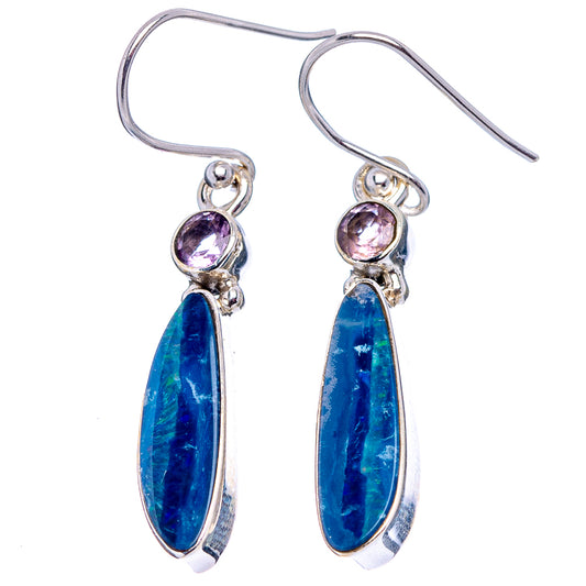 Sterling silver drop earrings with blue oval opal and pink-purple round stone tops.