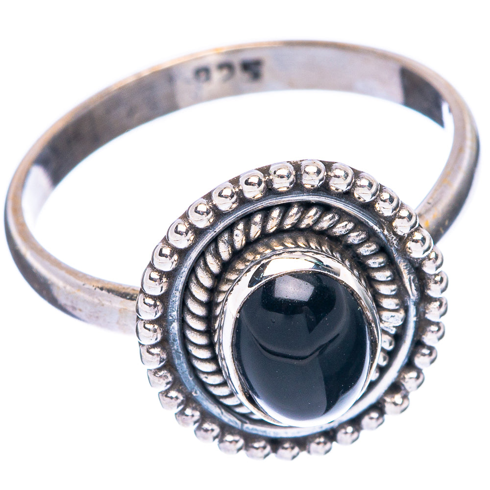 Sterling silver onyx ring, side view with engraved band marked 925 and black stone
