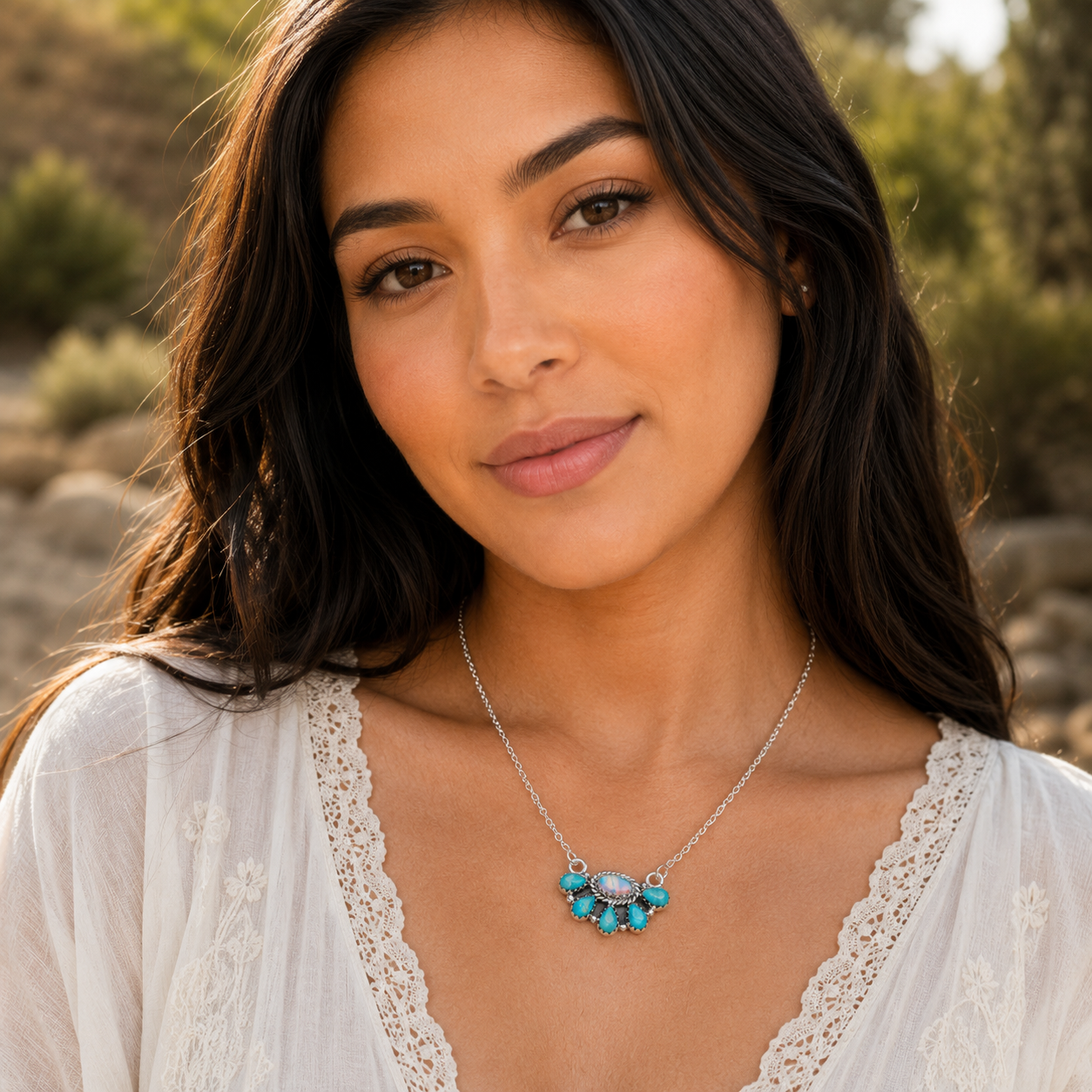 Southwestern Style Aurora Opal, Mohave Turquoise Necklace 17 to 19" (.925 Sterling Silver)