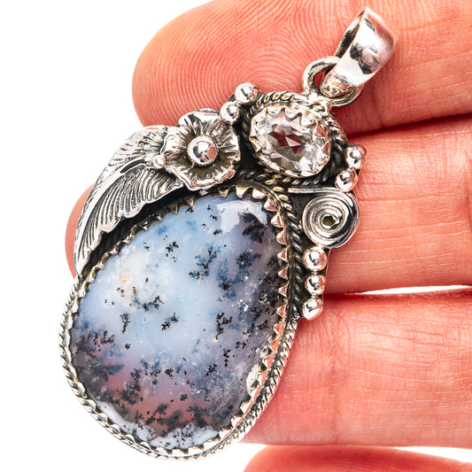 925 sterling silver dendritic agate pendant, teardrop cabochon with ornate leaf setting.