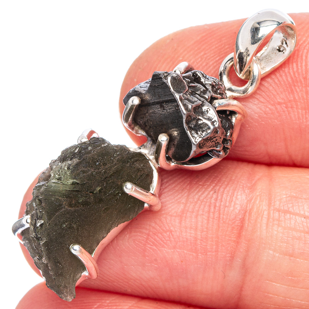 Sterling silver pendant with rough dark green tektite and open bail loop