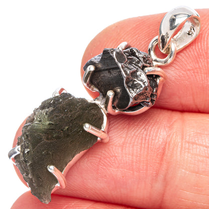 Sterling silver pendant with rough dark green tektite and open bail loop