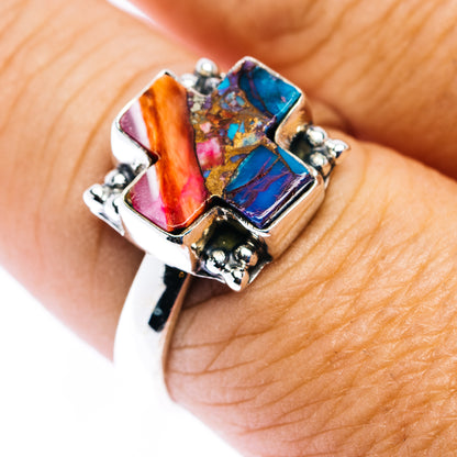 Sterling silver cross ring with turquoise blue and red spiny oyster inlaid stones