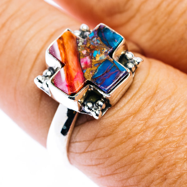 Southwestern Style Spiny Oyster Turquoise Cross Ring Size 8.75 (.925 Sterling Silver)