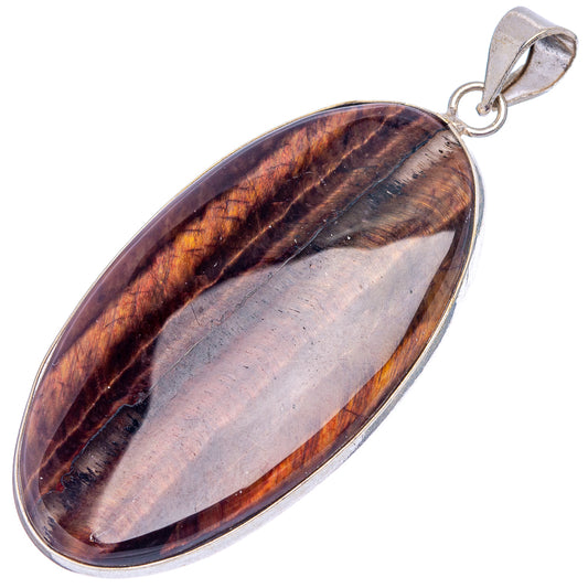 Tiger's eye pendant, silver-plated frame and bail, oval tiger-eye stone with brown-gold bands.