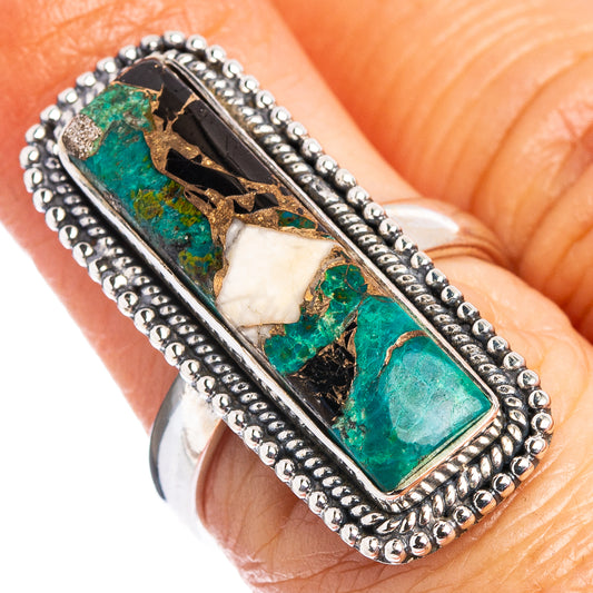 Sterling silver ring with rectangular chrysocolla and turquoise inlay, split black backing