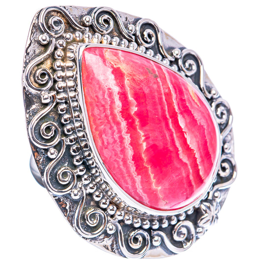 Sterling silver rhodochrosite ring with teardrop pink stone and ornate bezel