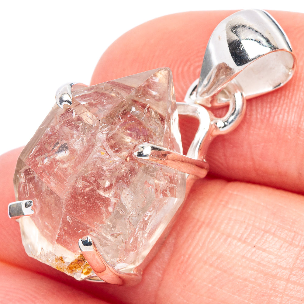 Rare elestial quartz pendant with pink crystal and sterling silver bezel and bail