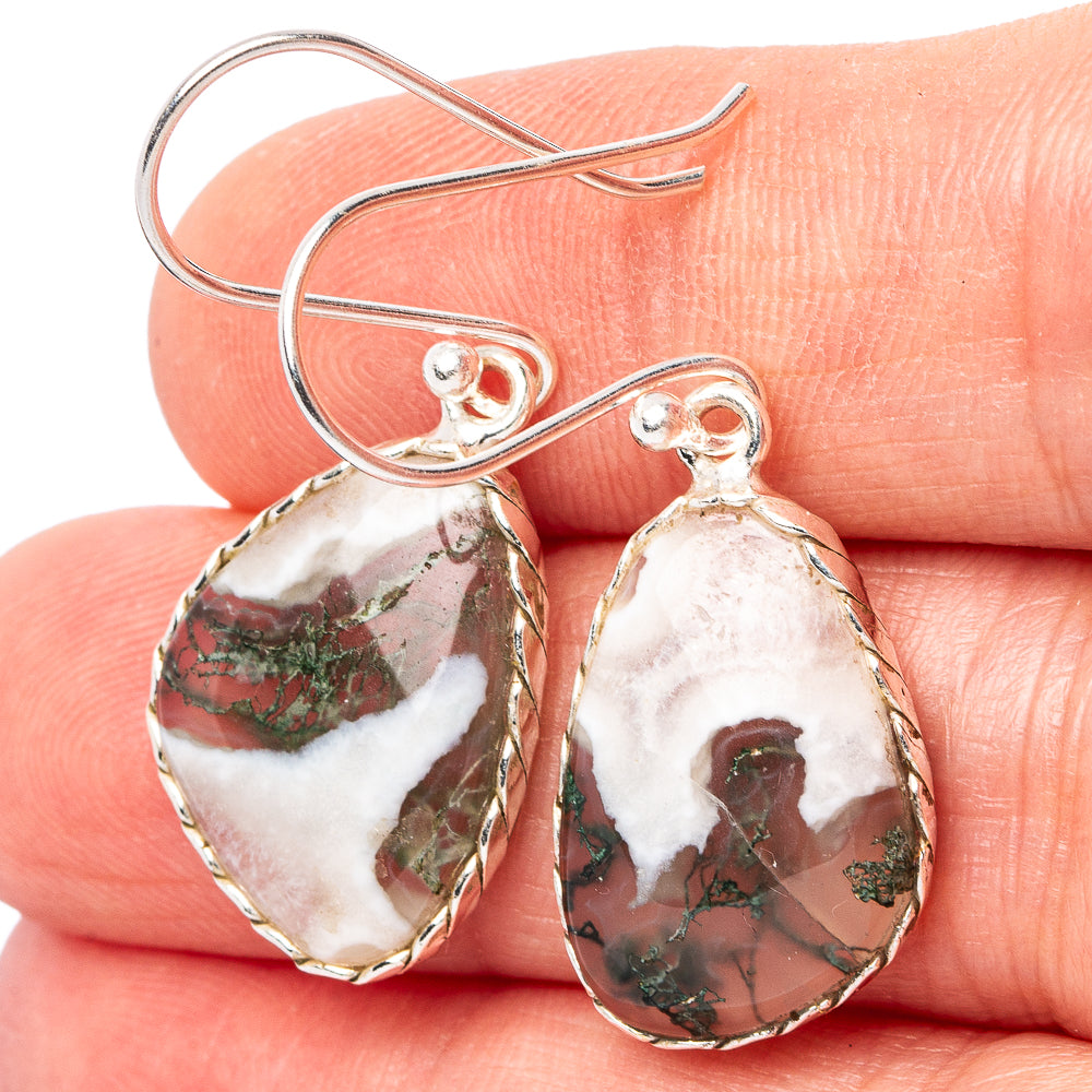 Teardrop moss agate earrings with 925 sterling silver hooks, green veining.