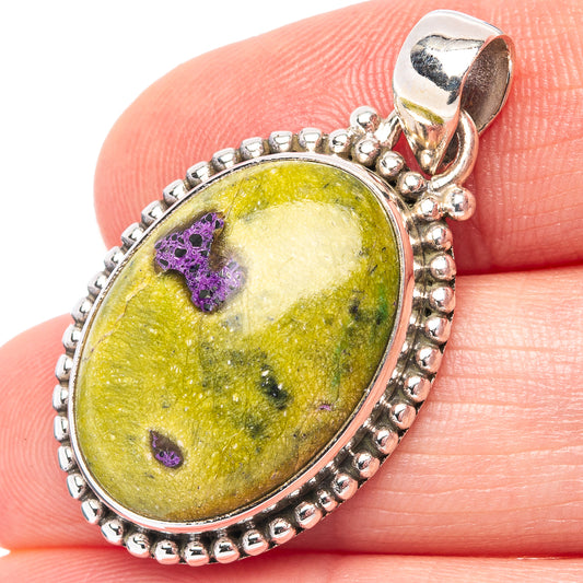 Oval green and purple gemstone sterling silver pendant with beaded halo and open bail