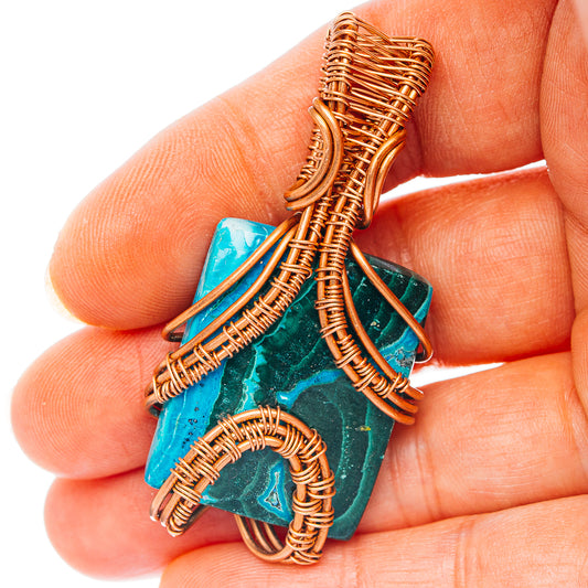Malachite In Chrysocolla Wire Wrap Pendant 2 1/8" (Copper)