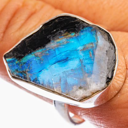 Large silver ring with blue rainbow moonstone teardrop cabochon, size 10.5