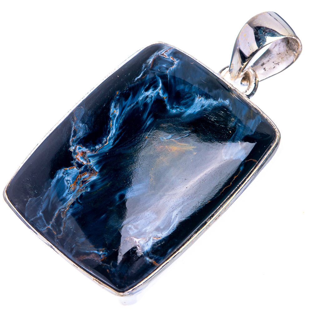 Pietersite pendant in rectangular dark blue stone with 925 sterling silver bezel bail
