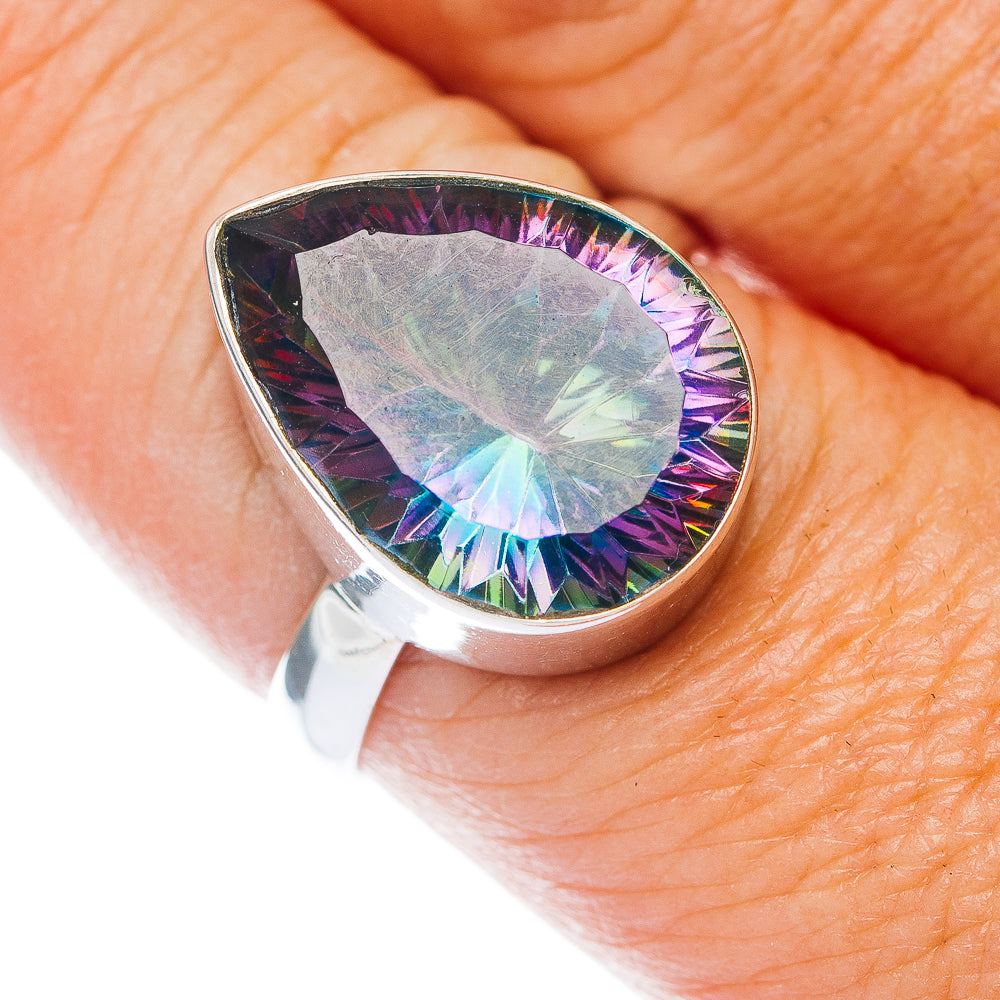 Silver ring with pear-shaped multicolor mystic topaz gemstone in prong setting