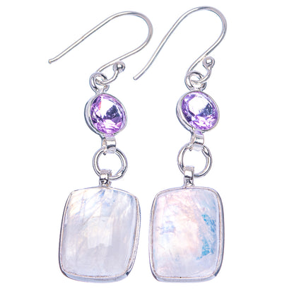 Rainbow Moonstone, Amethyst Earrings 1 3/4" (.925 Sterling Silver)