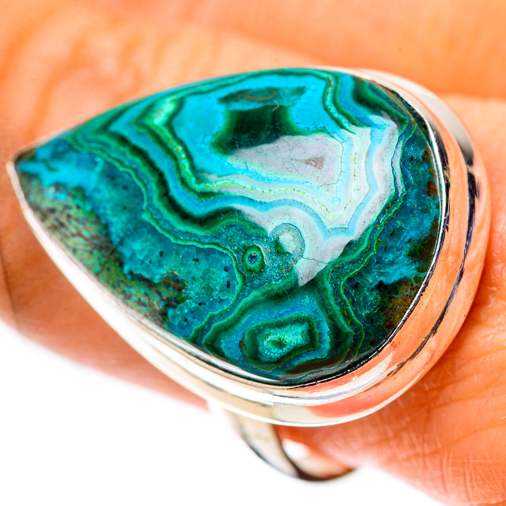 Large malachite & chrysocolla inlaid oval ring in 925 sterling silver, teal-green stone
