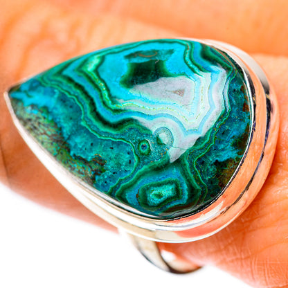 Large malachite & chrysocolla inlaid oval ring in 925 sterling silver, teal-green stone