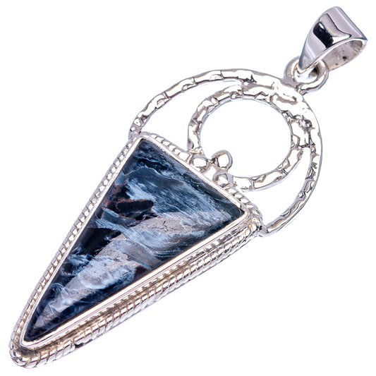 Sterling silver Pietersite teardrop pendant with blue-gray stone and circular openwork bail