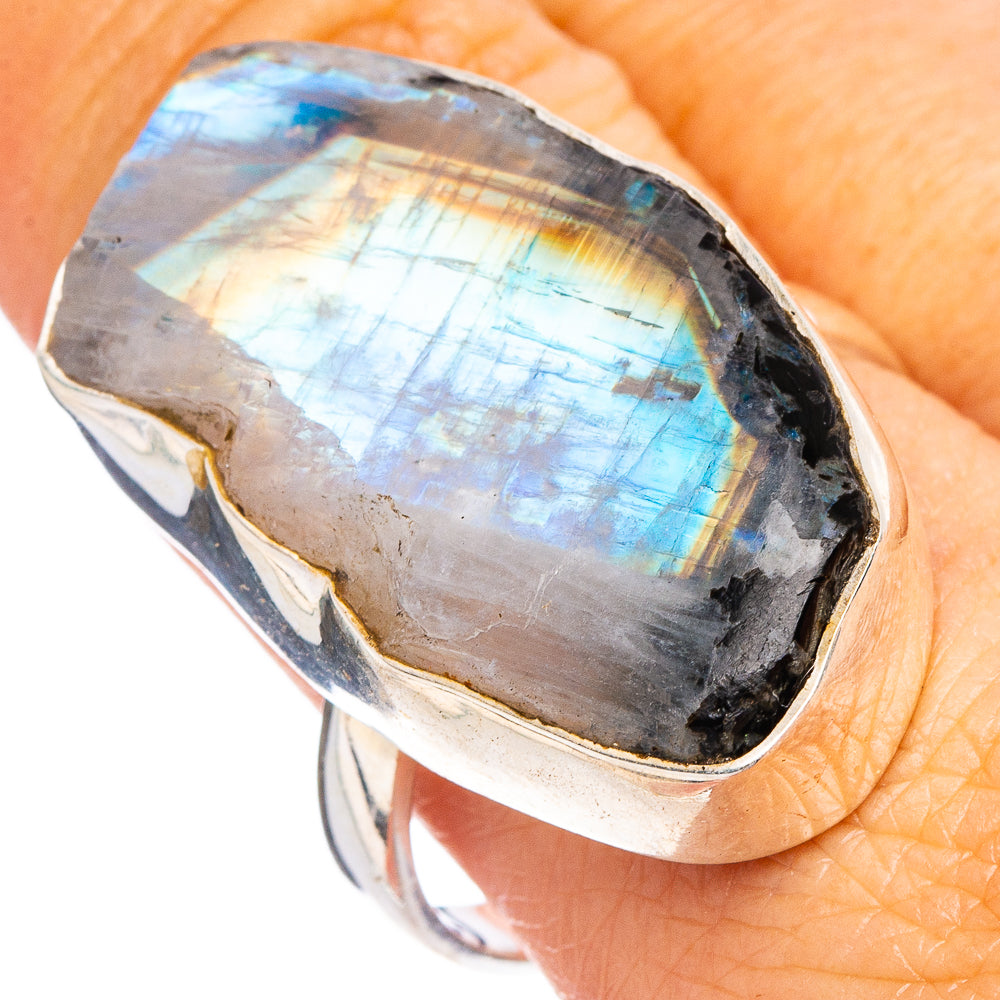Rainbow Moonstone In Black Tourmaline Ring Size 11 (.925 Sterling Silver)