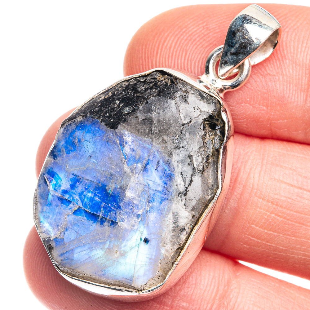 Raw Rainbow Moonstone Pendant 1 1/2" (925 Sterling Silver) P39365