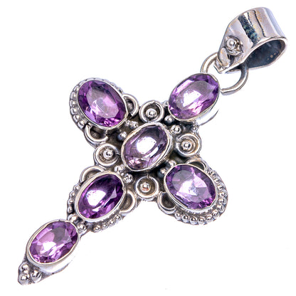 Amethyst cross pendant, 925 sterling silver, faceted oval purple stones