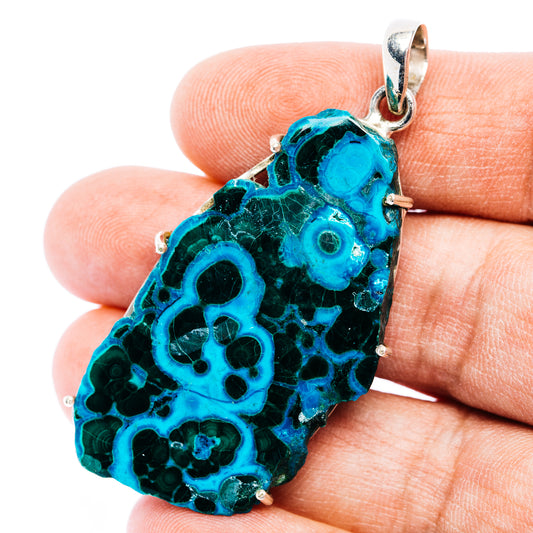 Chrysocolla in malachite slice pendant in .925 sterling silver, blue-green teardrop
