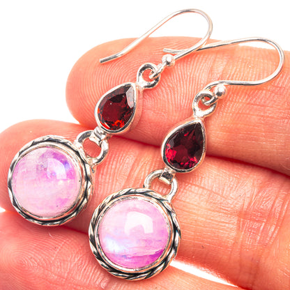 Pink Moonstone, Garnet Earrings 1 5/8" (925 Sterling Silver) E432405