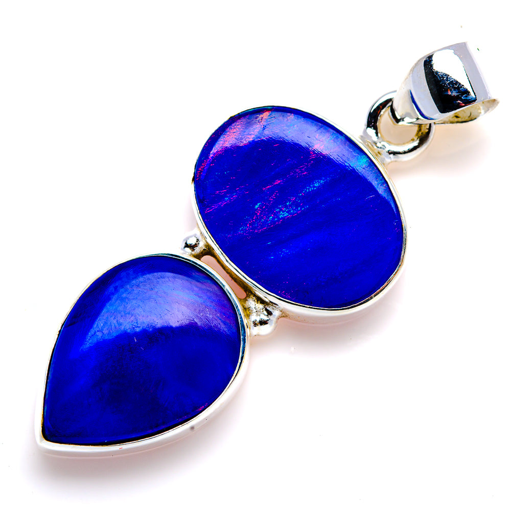 925 sterling silver opal pendant with two oval blue stones and scalloped bezel
