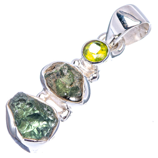 925 sterling silver moldavite & peridot pendant with green round peridot and 2 irregular stones