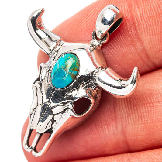 Turquoise cow skull pendant in .925 sterling silver with side hook bail
