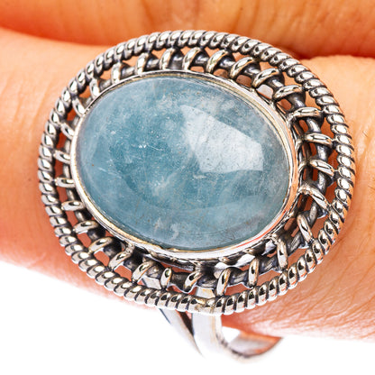 Aquamarine oval 925 sterling silver ring, rope bezel with textured gallery, size 10