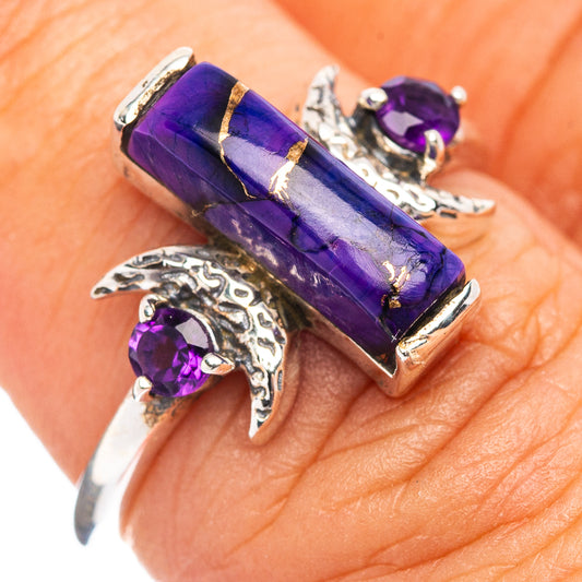 Purple amethyst moon ring with textured silver setting, rectangular stone, size 6.25