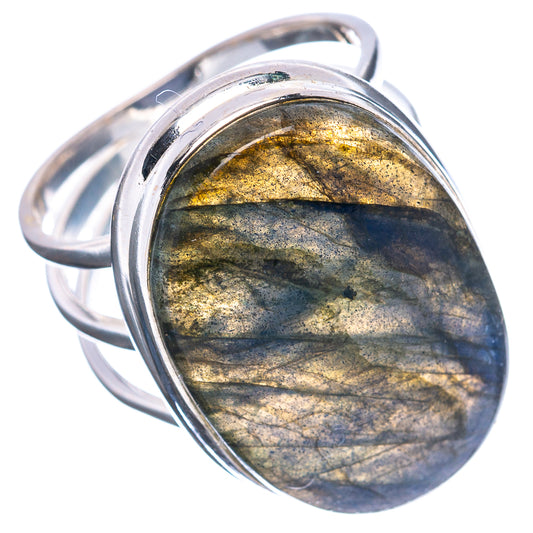 Sterling silver oval labradorite ring with gold and blue iridescence, bezel setting