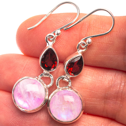 Pink Moonstone, Garnet Earrings 1 1/2" (925 Sterling Silver) E432392