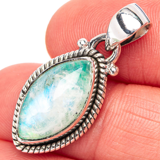 Oval green-blue moonstone pendant in .925 sterling silver rope bezel, close-up