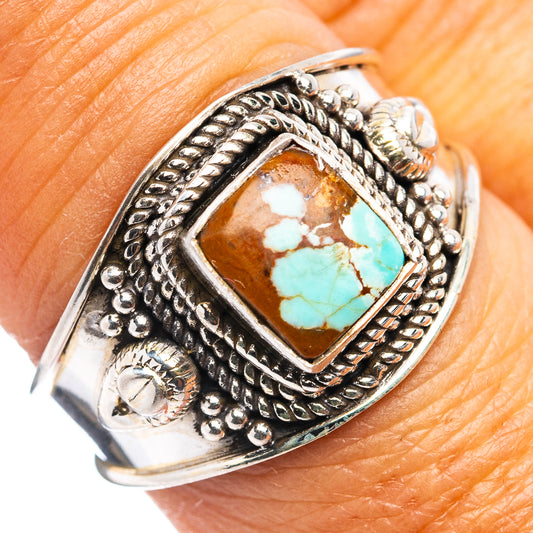Turquoise and sterling silver ring with ornate bezel setting, size 8