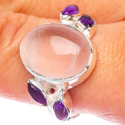 Oval rose quartz 925 sterling silver ring with three purple amethyst accents on the band