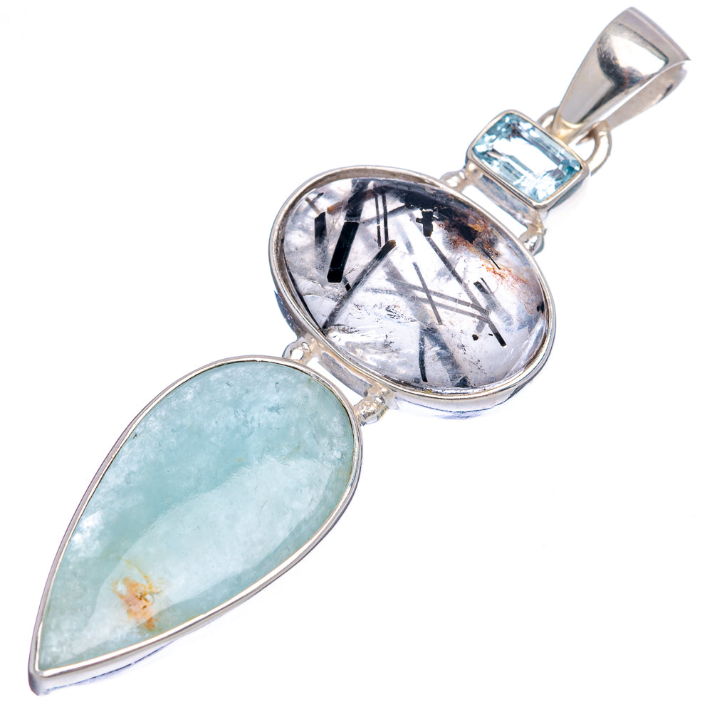 Premium Aquamarine, Tourmalinated Quartz, Blue Topaz Pendant 2 1/4" (.925 Sterling Silver)