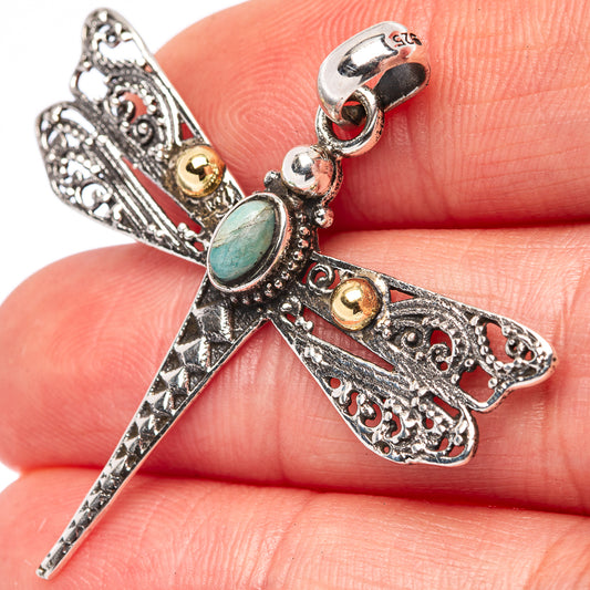 Sterling silver dragonfly pendant with amazonite oval and red enamel-like accents
