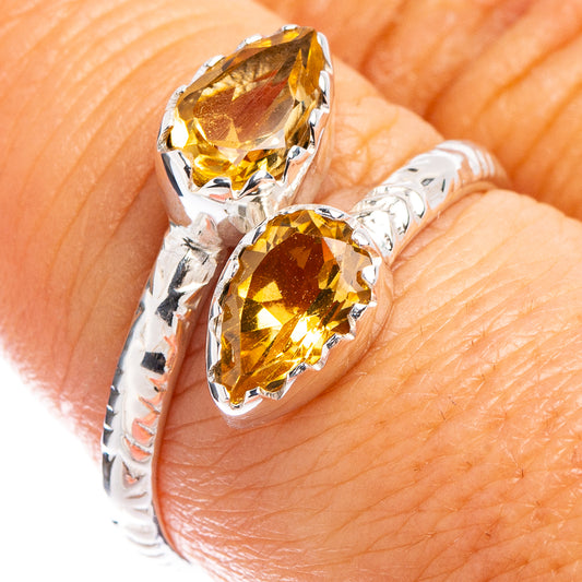Sterling silver citrine ring with two yellow faceted stones, size 8