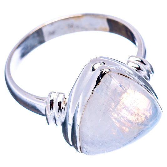 Sterling silver band ring with pear-shaped rainbow moonstone, side view