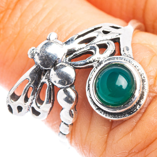 Dragonfly dainty ring in .925 sterling silver with green round stone and filigree details