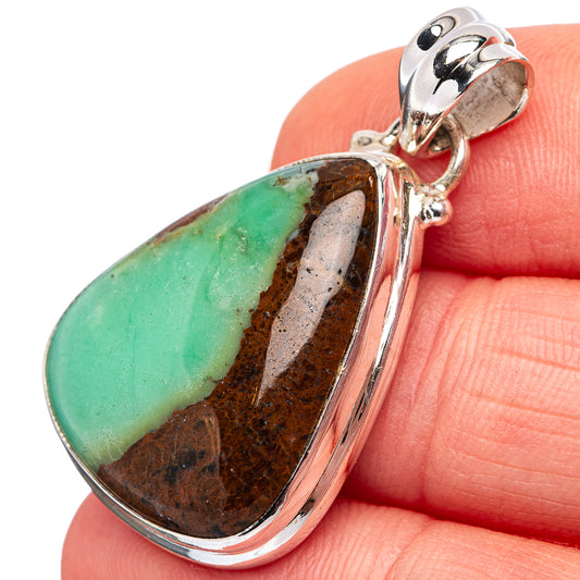Oval chrysoprase pendant in sterling silver, green stone with brown speckling