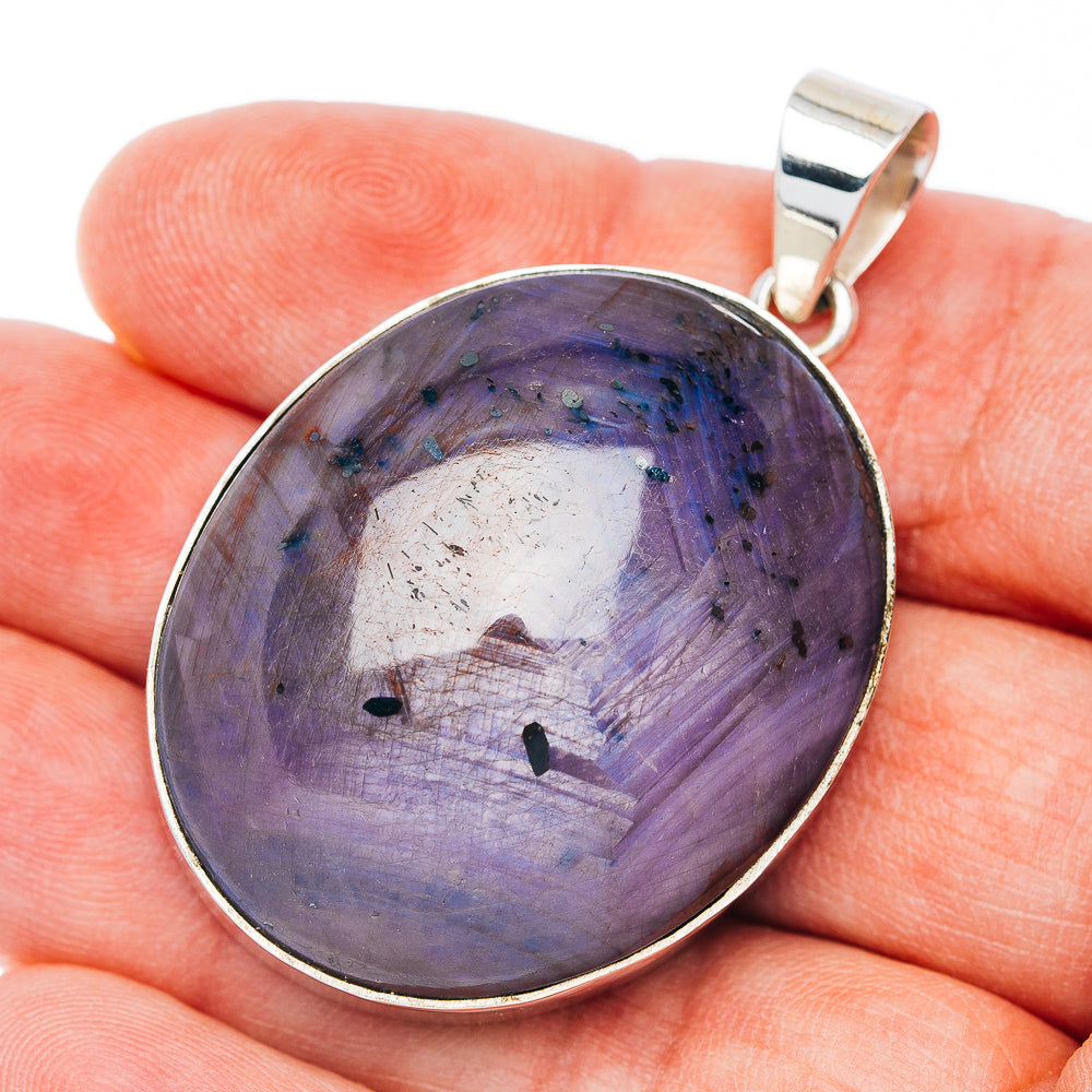 Round star ruby pendant with .925 sterling silver bezel, large purple gemstone cabochon